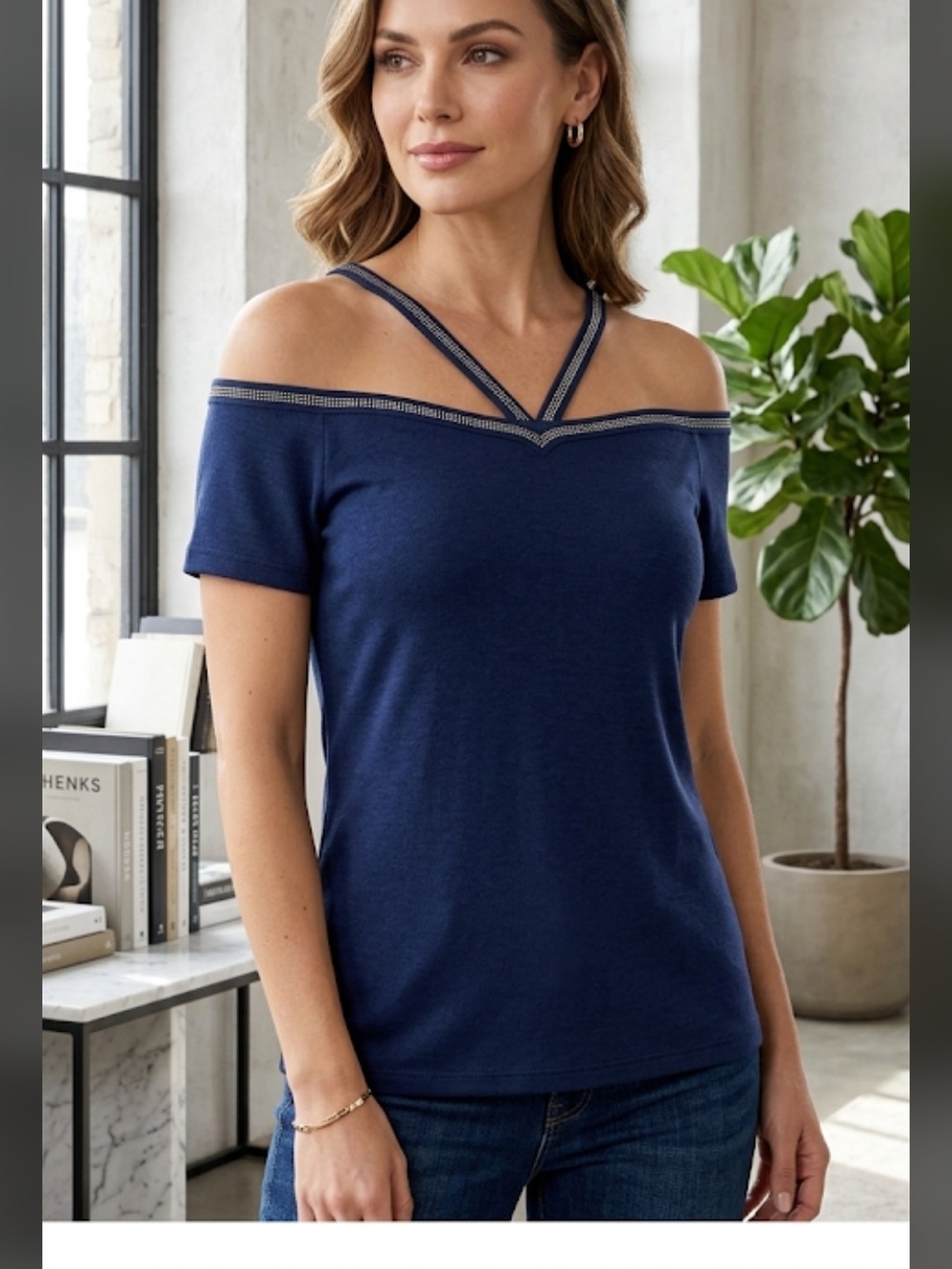 Elegant Navy Off-the-Shoulder Top | Size 14 US | Criss-Cross Strap Detail